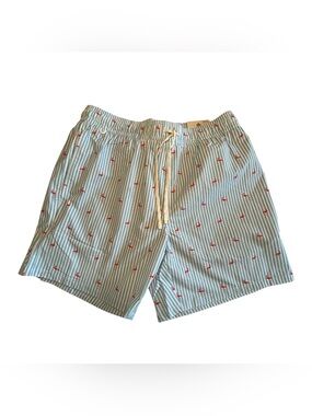 RAINFOREST Light Blue & White Seersucker Swim Trunks with Red Anchor Accents